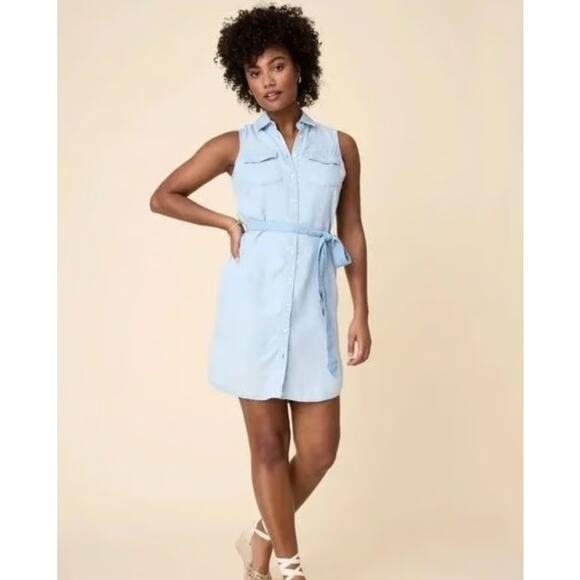UNTUCKit Light Blue Chambray Perry Sleeveless Shirt Dress Size 8 Belted Casual - Picture 6 of 11